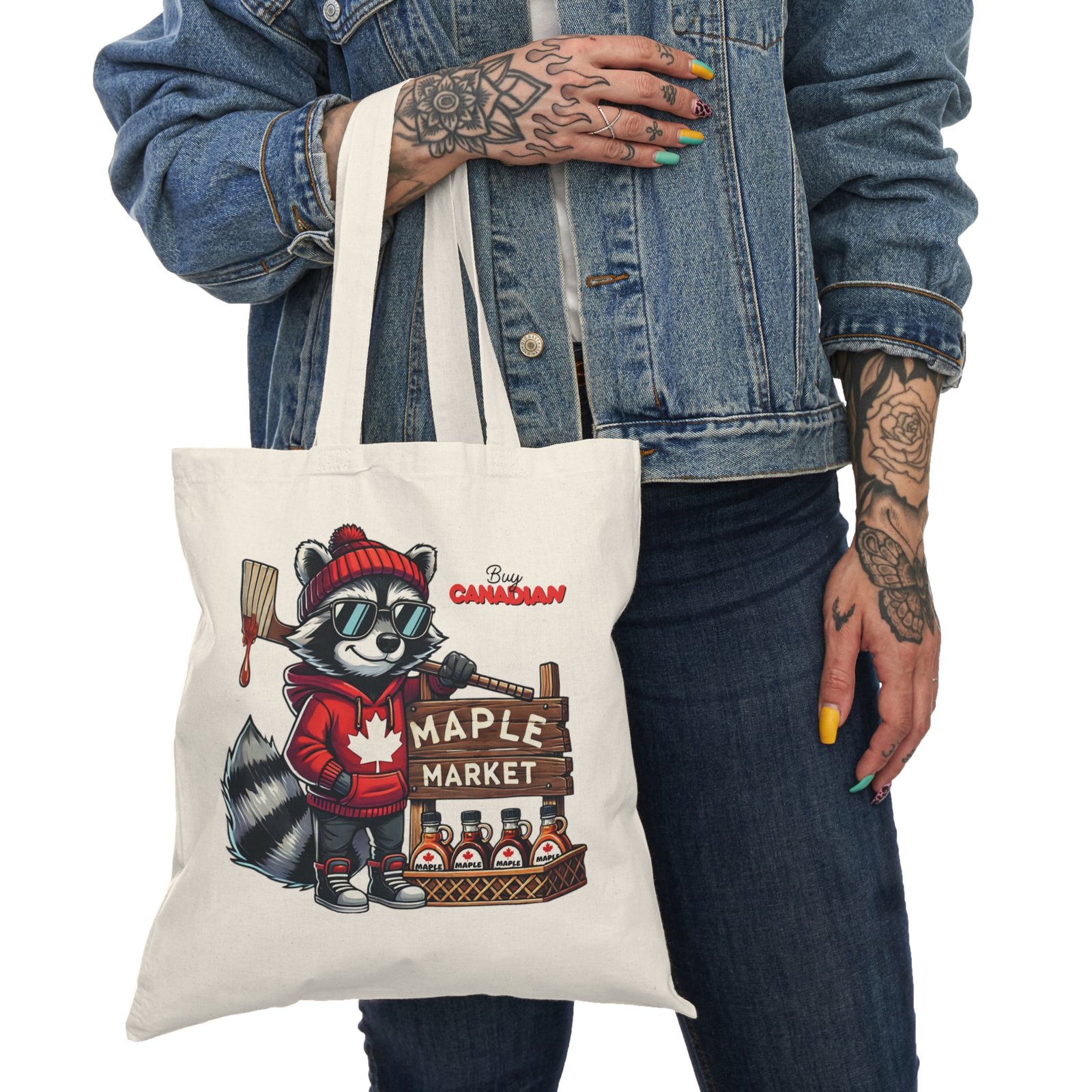 🍁 Buy Canadian Maple Market Raccoon Tote 🦝 | Double-Sided Print 🛍️ Eco-Friendly - Image 2
