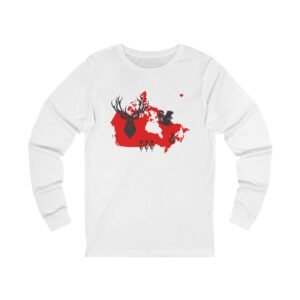 Canada Day Long Sleeve Tee with Red Map & Wildlife Icons 🇨🇦🦌